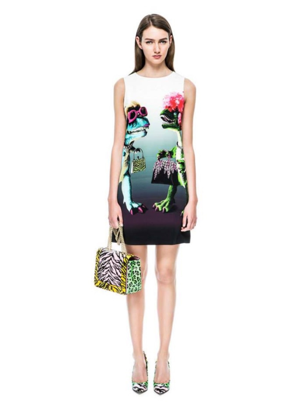 Moschino Cheap and Chic Dinosaur Shift Dress Graphic Print Sleeveless 48